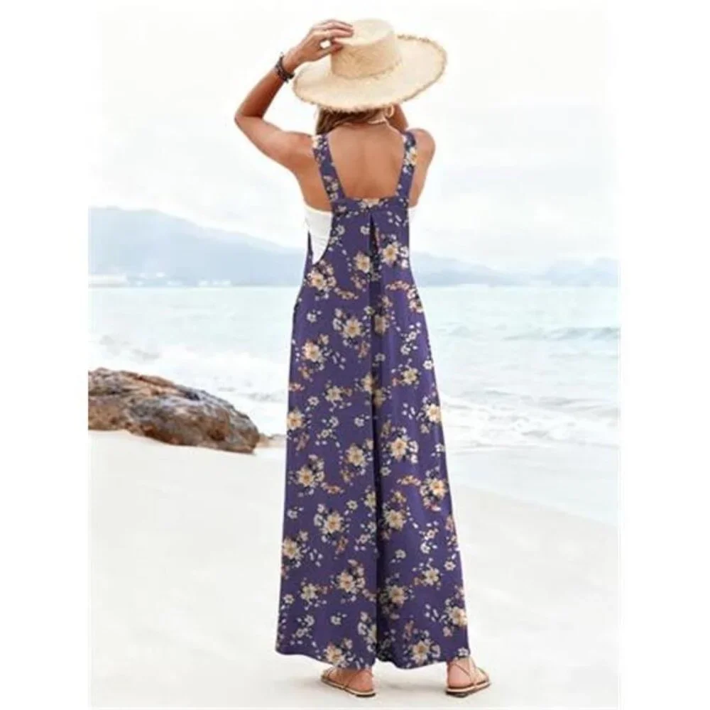 Women's Casual Overalls Loose Wide Leg Jumpsuit Summer Boho Baggy Romper - Picture 3 of 5